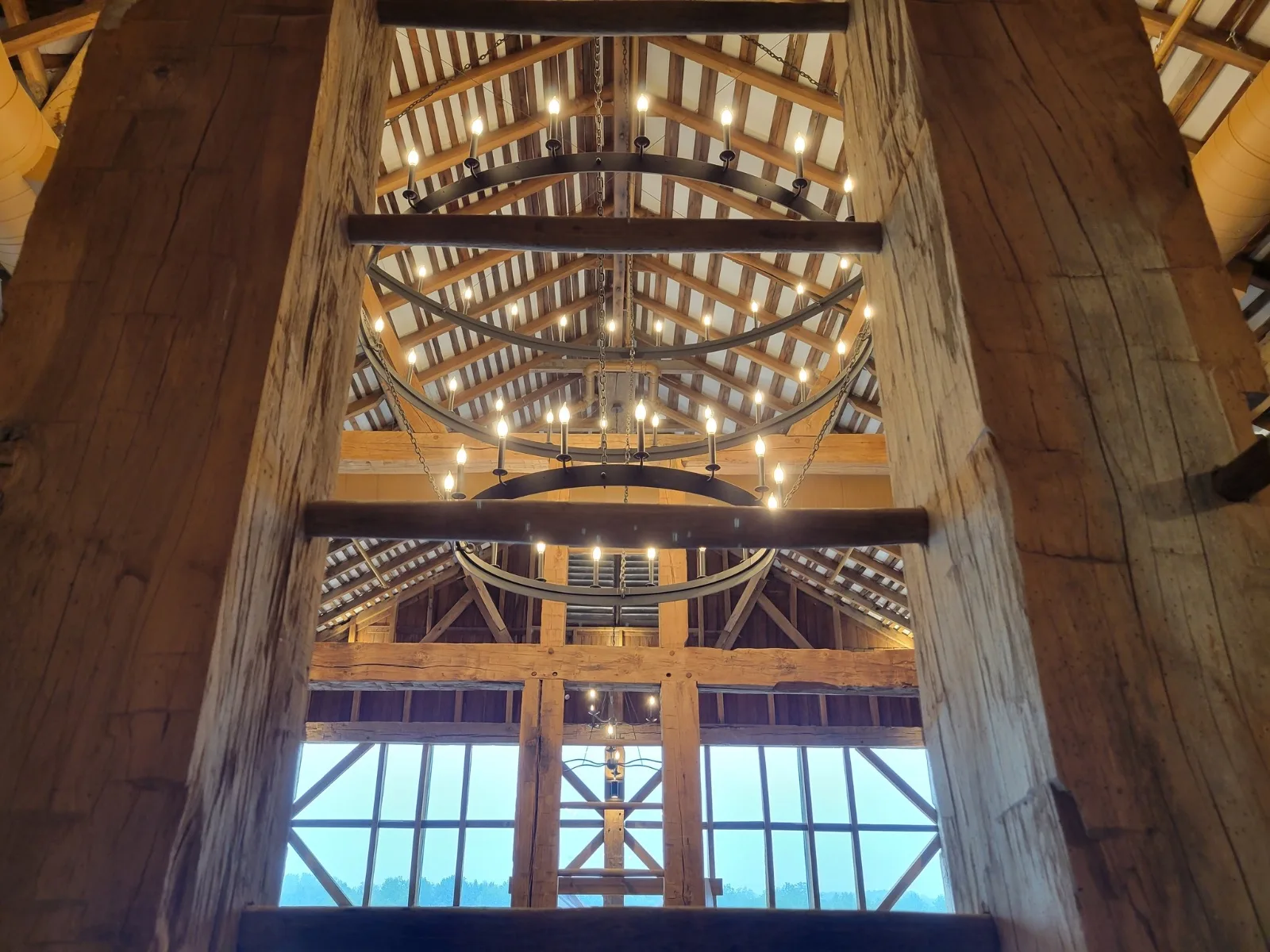 Chandeliers ascending the ridge of the roof