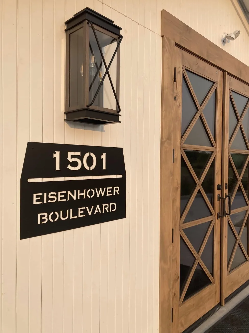 The barn-door entrance at 1501 Eisenhower Boulevard